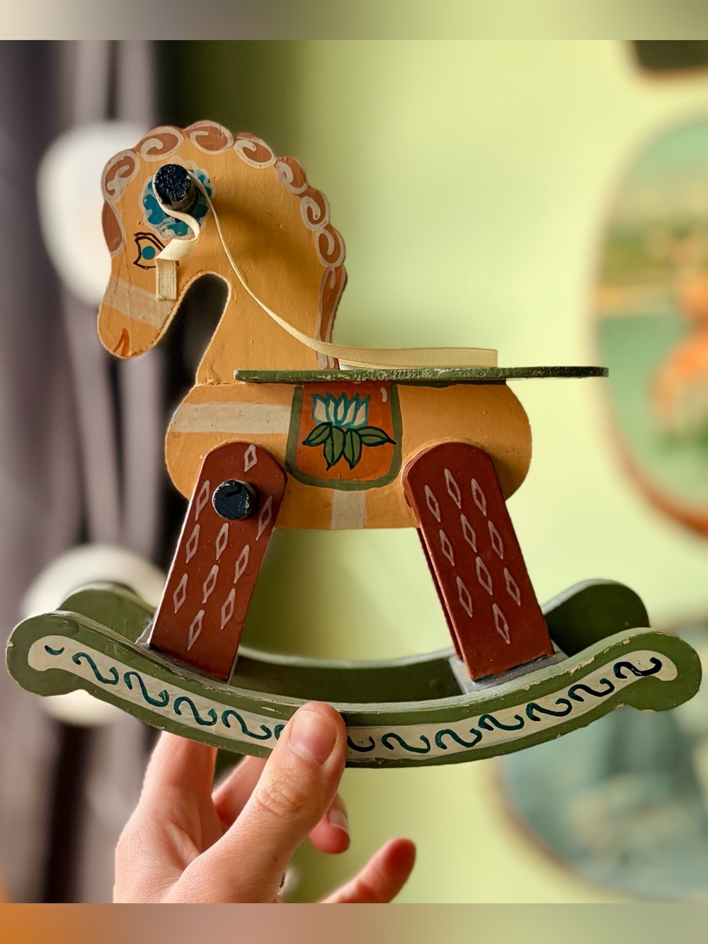Hand-Painted Wooden Rocking Horse Toy - Yellow & Green Vintage Accent